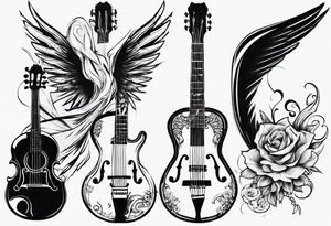 GUITAR AND VIOLIN LEANING AGAINST EACH OTHER 
WITH ANGLE WINGS tattoo idea