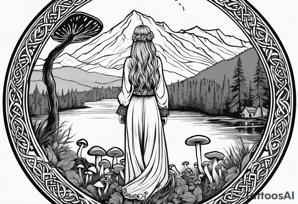 Whole picture encircled fully

Straight long blonde hair hippie girl in distance holding mushrooms in hand facing away toward mountains and creek surrounded by mushrooms long sleeve shirt and hiking pants; whole rendering within a full celtic circle border, no cut off circle tattoo idea