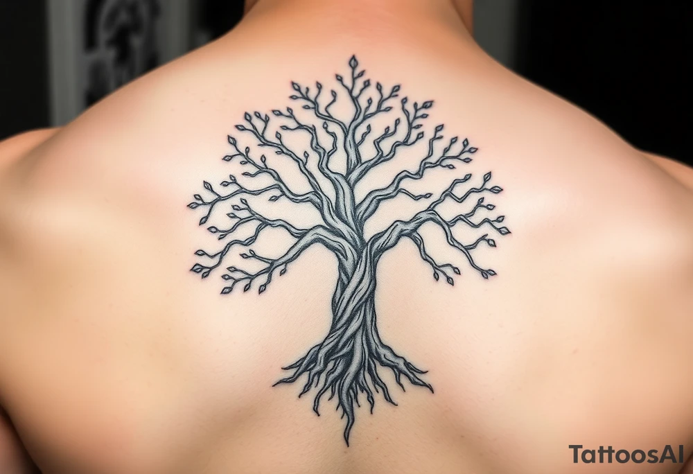 mystical tree of life with cosmic roots and celestial branches tattoo idea