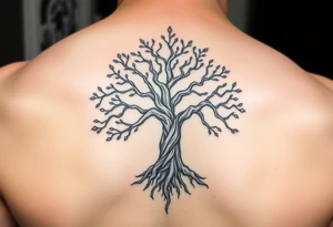 mystical tree of life with cosmic roots and celestial branches tattoo idea