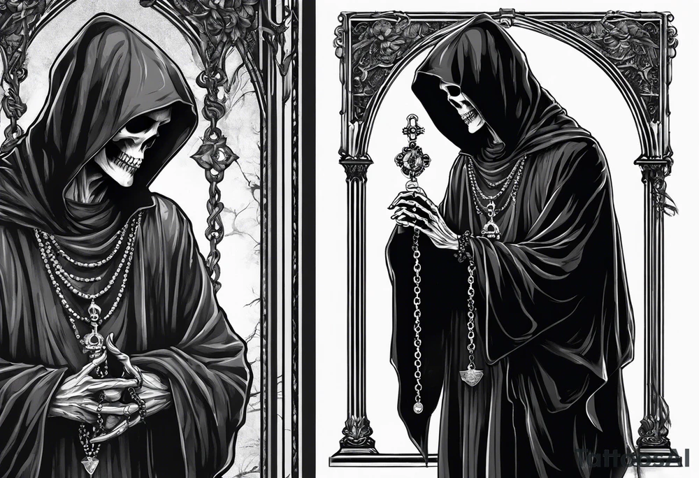 The grim reaper standing from a side profile praying with a rosary wrapped around his hands from a far with skeleton hands show his whole body tattoo idea