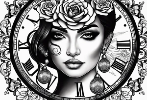 Hispanic/ Latin  goddess, love, forgiveness, strength, peace, cancer zodiac , small clock on face, rose , face half skull tattoo idea