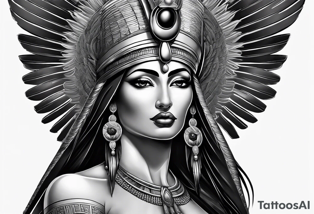 black and gray photo realistic goddess isis with minimal detail tattoo idea