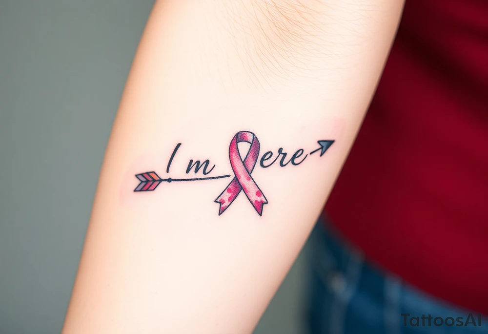 ‘I am here’ with breast cancer pink ribbon arrow tattoo idea
