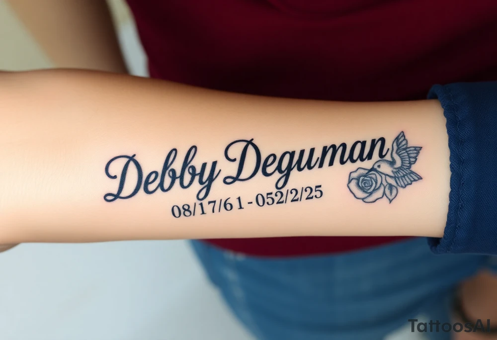 Tattoo of the exact name Debby Deguzman in chunky bold curly cursive with the exact dates of 08/17/61-05/29/25 surrounded by 1 hummingbird and 1 rose tattoo idea