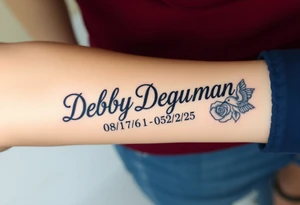 Tattoo of the exact name Debby Deguzman in chunky bold curly cursive with the exact dates of 08/17/61-05/29/25 surrounded by 1 hummingbird and 1 rose tattoo idea