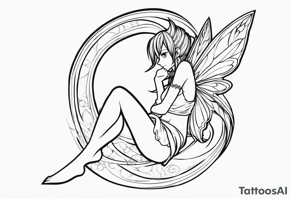 No color sketch of a fairy with a tail inspired by the guild symbol in the anime show called Fairy Tail in a fetal position leaning in and forward while crawled in tattoo idea