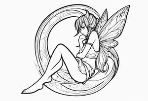 No color sketch of a fairy with a tail inspired by the guild symbol in the anime show called Fairy Tail in a fetal position leaning in and forward while crawled in tattoo idea