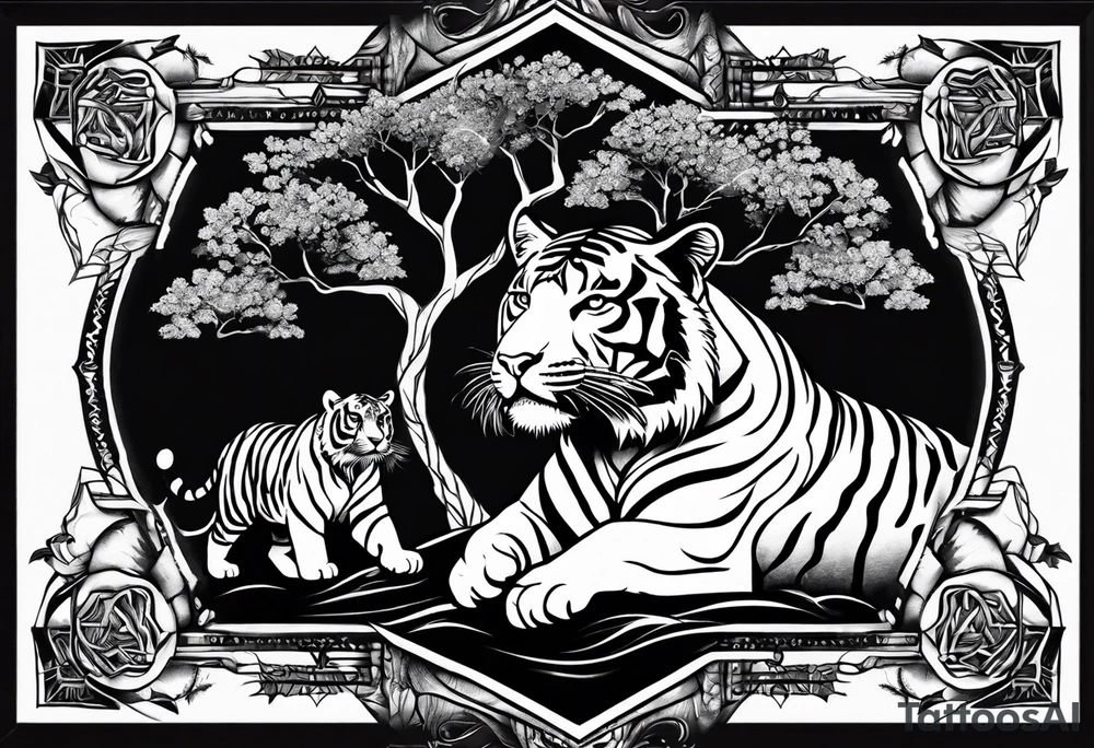 Tree of life with a tiger and a crown tattoo idea