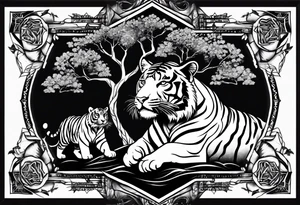 Tree of life with a tiger and a crown tattoo idea