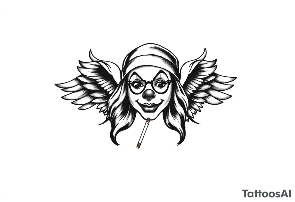 beautiful long hair pin up Clown face Girl payasa  thug beanie eyeglasses  angelic wings smoking a cigarette tattoo idea