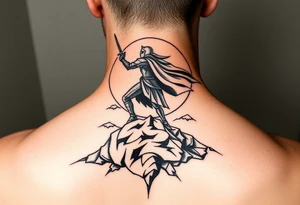 Powerful knight on the hillside sun in the background tattoo idea