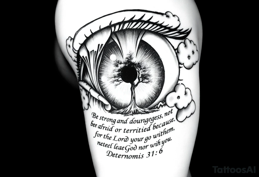 Realistic Eyeball with waterfall flowing out of it and under have a tree and under that have the verse Be strong and courageous. Do not be afraid or terrified
because of them, for the Lord your God goes with you; he will never leave you nor forsake you." Deuteronomy 31:6  and clouds around the tattoo tattoo idea