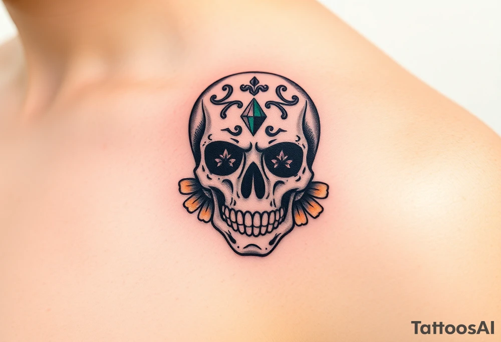 Masculine sugar skull with diamond gemstone eyes and daisy around the skull tattoo idea