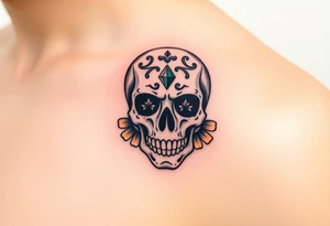 Masculine sugar skull with diamond gemstone eyes and daisy around the skull tattoo idea