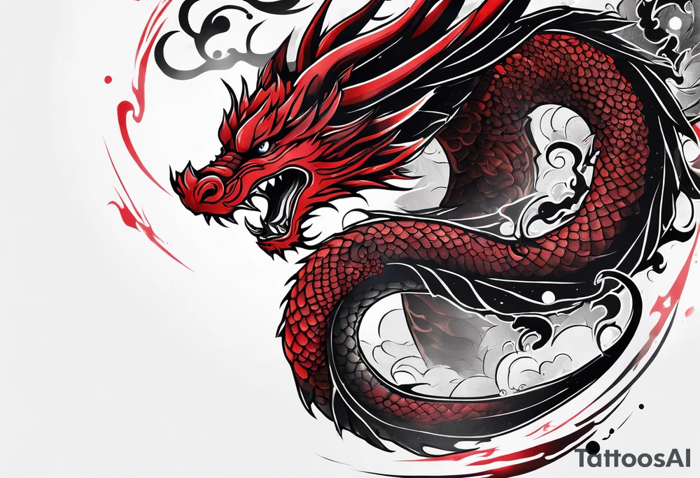 dragon irezumi arm sleeve in black and red with water and lightning tattoo idea