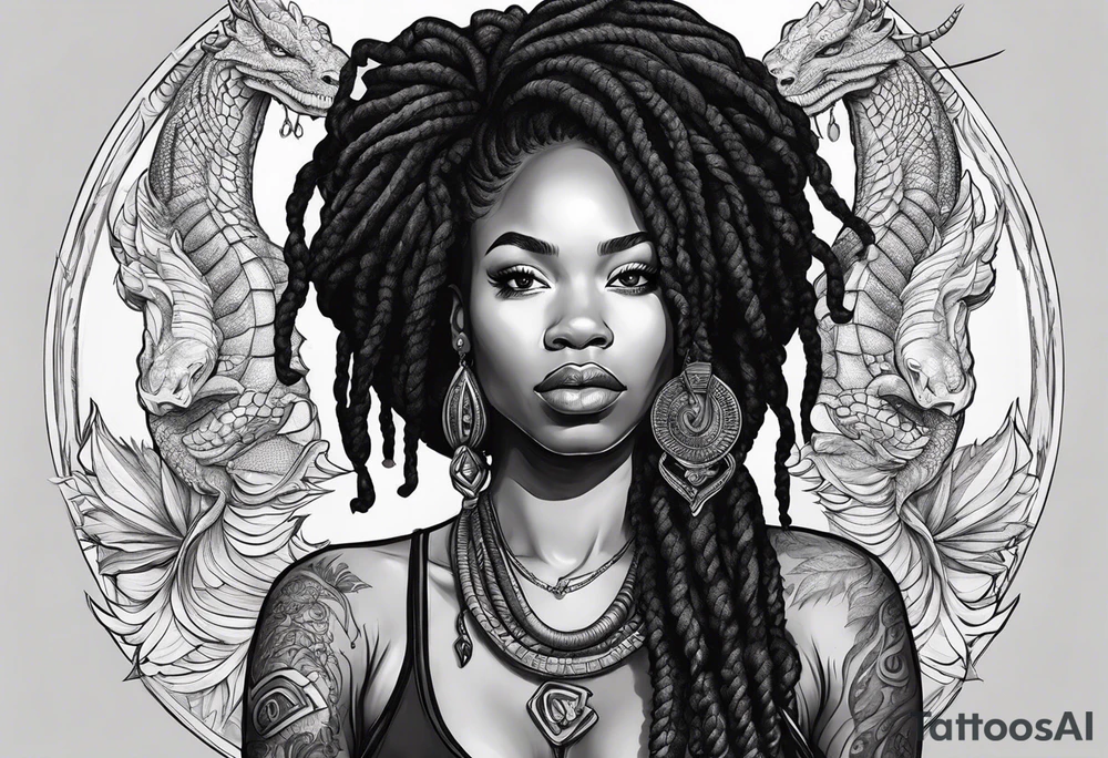 Black woman with locs and red dragon tattoo idea