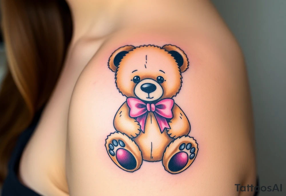 realistic tan teddy bear with black paws and a pink bow around its neck tattoo idea