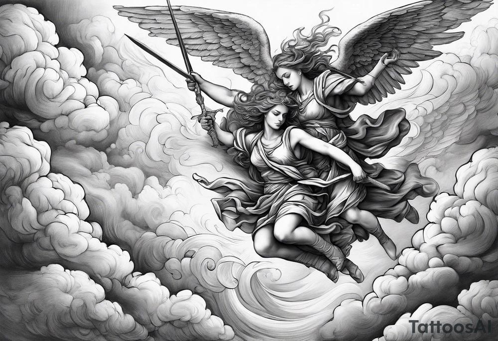 Angels fighting against demons in the clouds tattoo idea