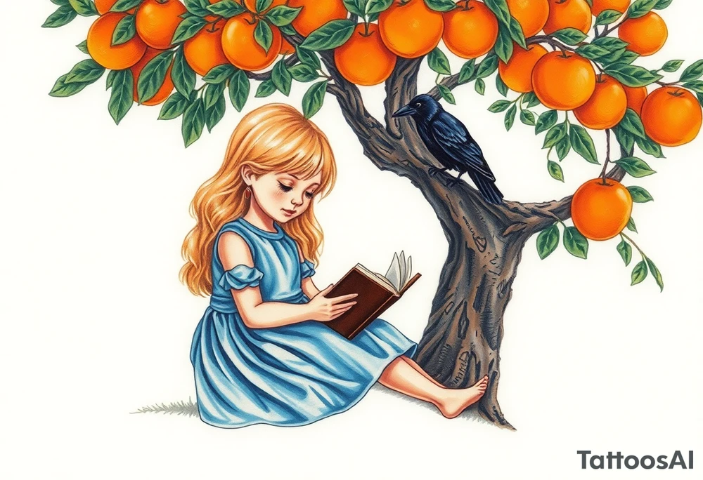 A blond little girl wearing a blue dress sitting under a orange tree while reading a book.a raven on top of a tree branch watching her. 


. tattoo idea