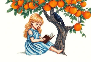 A blond little girl wearing a blue dress sitting under a orange tree while reading a book.a raven on top of a tree branch watching her. 


. tattoo idea