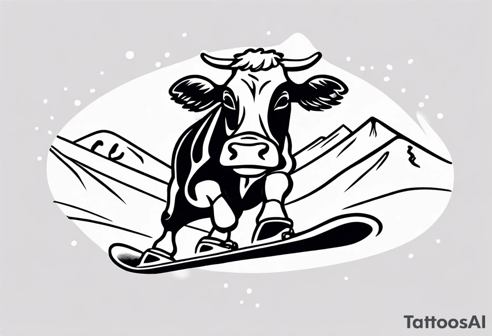 Generate a minimalist and simple black and white tattoo design featuring a joyful cow snowboarding, wearing goggles. Focus on essential lines and details to convey the playful spirit of the scene. The cow should exude confidence while effortlessly snowboarding down a snowy slope. Keep the design clean and uncluttered, suitable for a small to medium-sized tattoo space. Emphasize the charm and whimsy with the addition of goggles, ensuring the overall aesthetic remains simple and minimalistic. The goal is to create a visually appealing and easily recognizable tattoo that captures the essence of a cow enjoying a snowboarding adventure tattoo idea