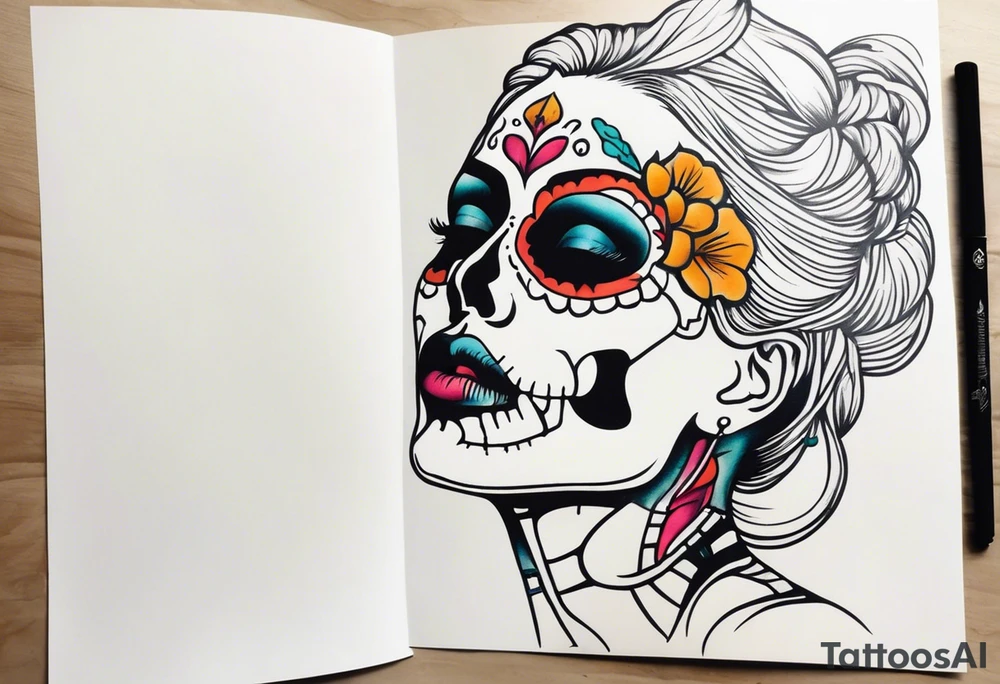 Skeleton coming out of woman’s face tattoo idea