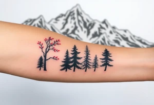 Lower forearm, trees with mountains in background, leaves on the trees are pink, purple, teal, red tattoo idea