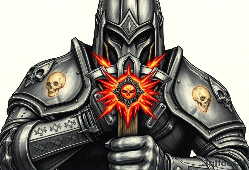 Warhammer, the Old World. A warrior priest of Sigmar holding The Warhammer of Sigmar. The Warhammer of Sigmar is radiating thunderous energy. The Warhammer is held by the warrior priest with both hands upon his chest level. The Warrior priest is wearing dark alloyed heavy armour with skull sigils on his shoulder pads. The warrior priest is wearing a helmet, while the helmets front visor has an humanoid face covering. The helmet and armour are gladened with hints of gold and crimson red. tattoo idea