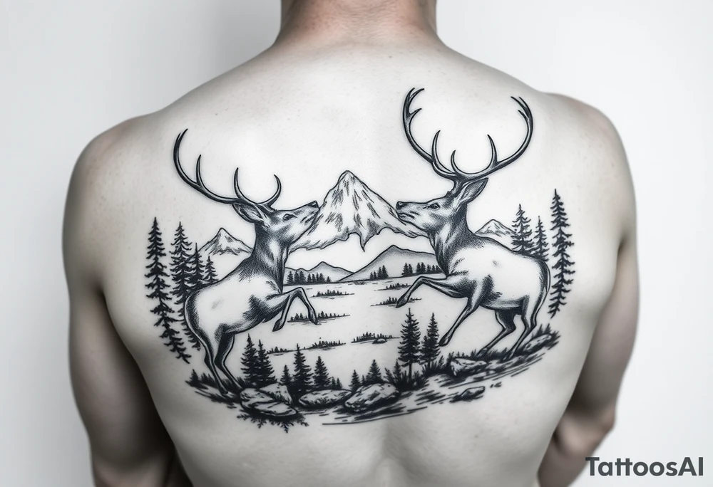 Quarter sleeve Black and grey realism Nature scene with two stags fighting in the foreground include mountains water and trees tattoo idea