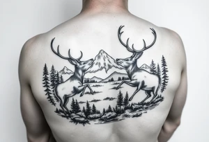 Quarter sleeve Black and grey realism Nature scene with two stags fighting in the foreground include mountains water and trees tattoo idea