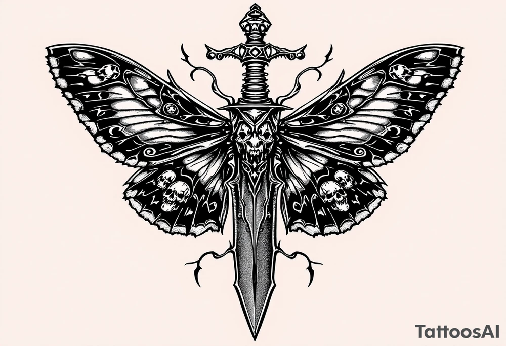 Dagger and Moth – A mystical dagger surrounded by a detailed black and gray moth, its wings featuring soft white highlights and subtle patterns resembling skulls. The dagger is dark silver with antique-style carvings. tattoo idea