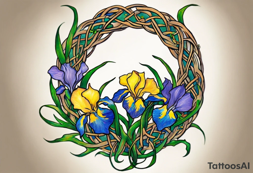 Create a small colorful Vincent van Gogh Irises tattoo , with vines in Celtic knots gracefully intertwining at a central point in the middle of the wreath.  The intended placement is on the upper chest. The overall design should be small in size while maintaining a delicate and artistic aesthetic. Pay attention to the graceful flow of the vines and the placement of the irises to achieve a refined and elegant look. tattoo idea