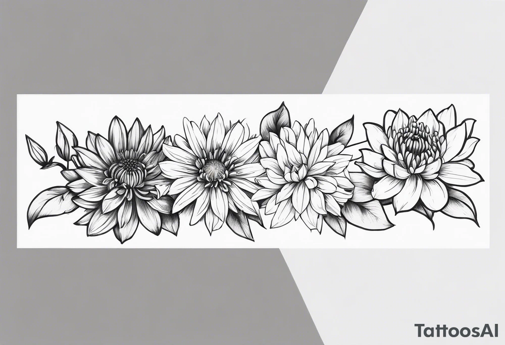 Asters, lillies, and chrysanthemums in a long line tattoo idea