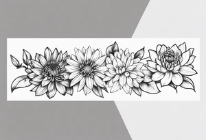 Asters, lillies, and chrysanthemums in a long line tattoo idea