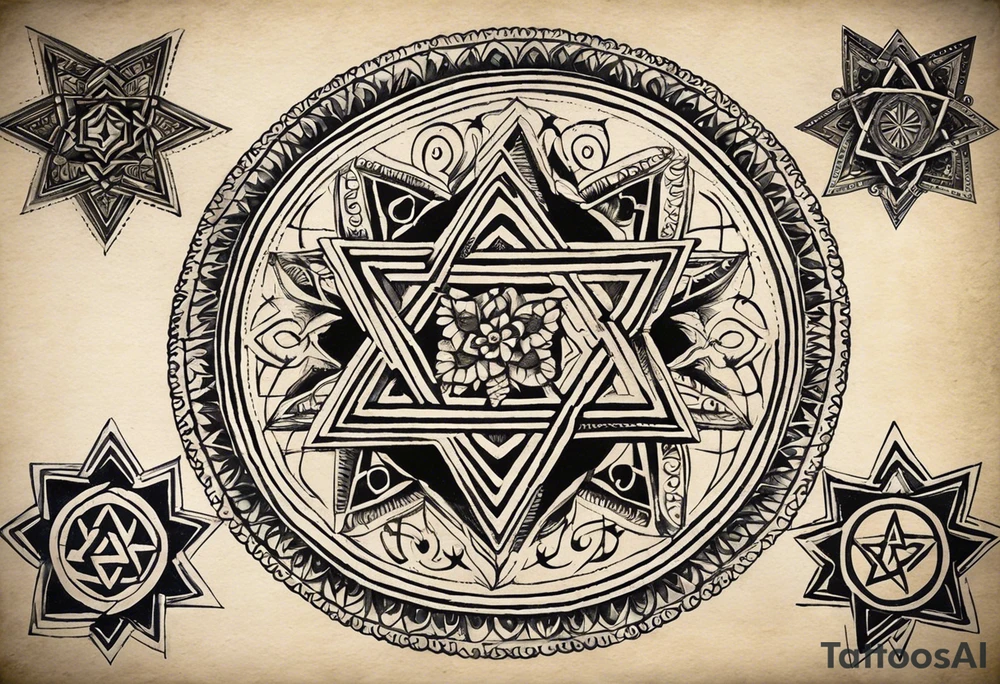 I would like two symmetrical tattoos on the left and right sides of my chest. The main element should be a Star of David (six-pointed star) on each side. Inside each star, I want the Armenian Wheel of Eternity.

	•	The Wheel of Eternity should be placed in the center of the Star of David, with a circular, swirling design to symbolize infinity and continuous life cycles. It should be detailed but simple enough to blend seamlessly with the star.
	•	The overall look should be bold, clean, and geometric, with a modern and minimalist style. tattoo idea