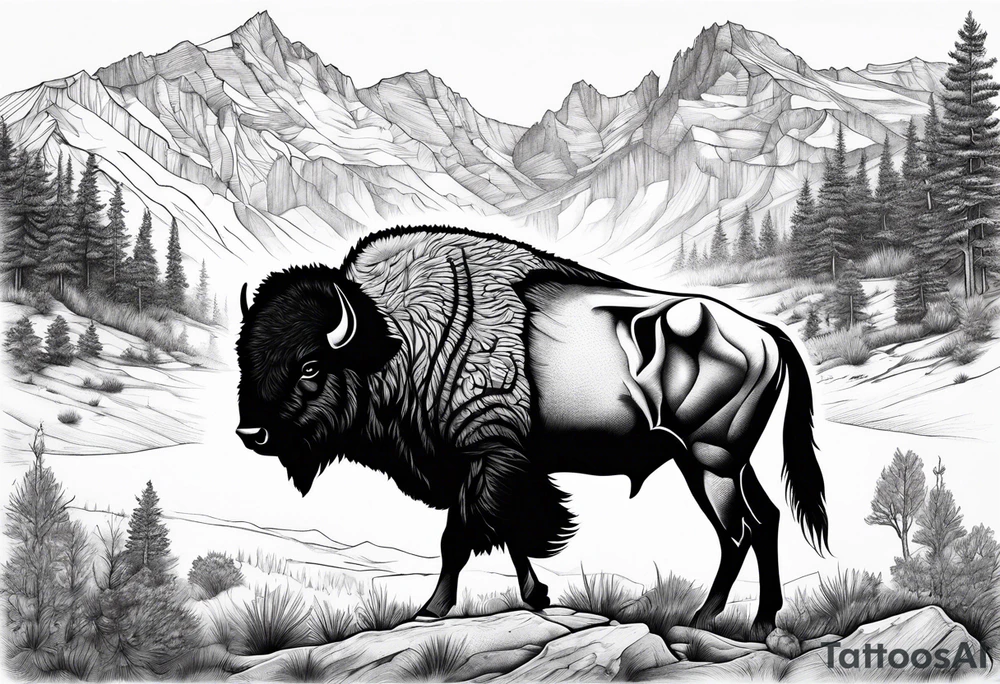 Montana mountains cowboy bison wolf tattoo idea