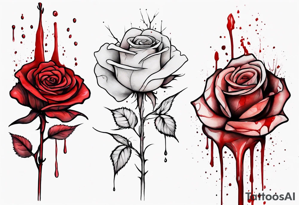 rose flower, one line, red blood dripping from the flower, tall, watercolor tattoo idea