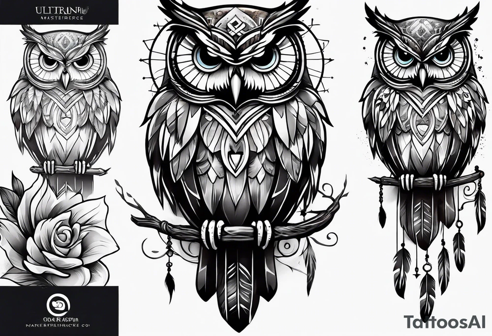 Owl and dreamcatcher back of calf sleeve tattoo idea