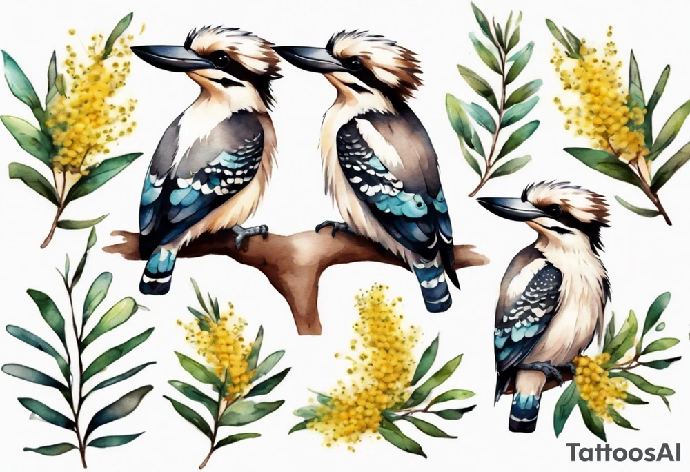 Small kookaburra holding wattle leaves tattoo idea