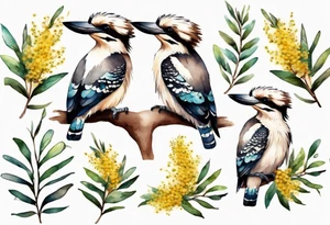Small kookaburra holding wattle leaves tattoo idea