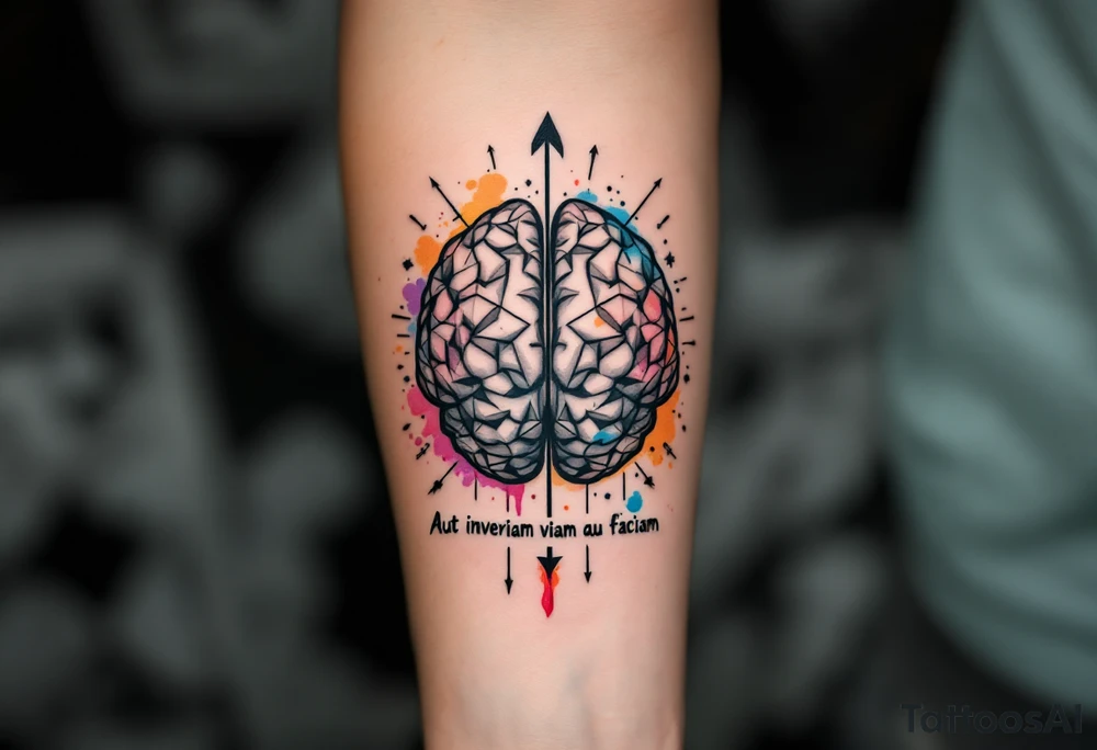 A front-seen brain in geometric and straight lines, with few watercolor details but mostly black, symbols representing intelligence arround, the phrase "Aut inveniam viam aut faciam" and a detailed arrow crossing from above with watercolors leaking from its tip tattoo idea