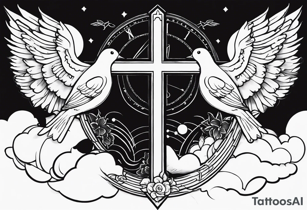 When the time is right I the lord will make it happen with clouds a cross and doves in the back ground tattoo idea