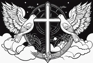 When the time is right I the lord will make it happen with clouds a cross and doves in the back ground tattoo idea