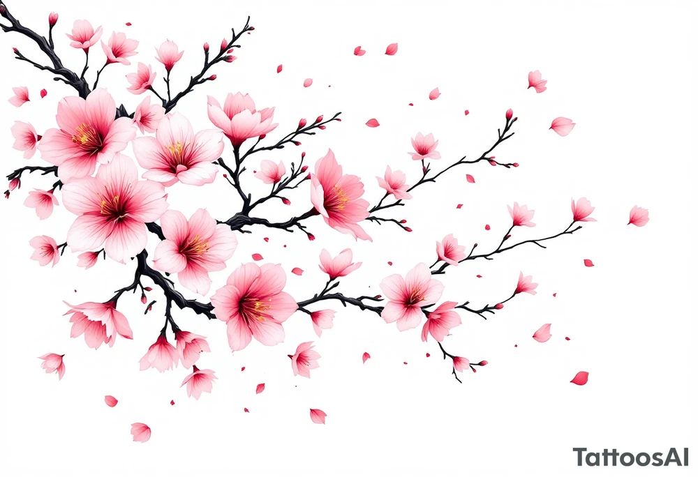 delicate cherry blossoms swirling in spring breeze with petals tattoo idea