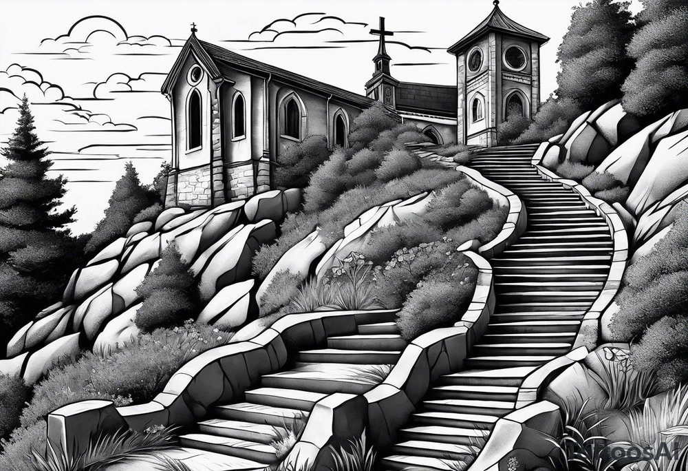 family of 4 walking up on stairs on the hill and on the top of the hill is church build in the rock tattoo idea
