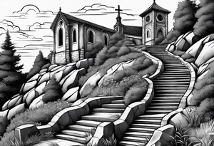family of 4 walking up on stairs on the hill and on the top of the hill is church build in the rock tattoo idea