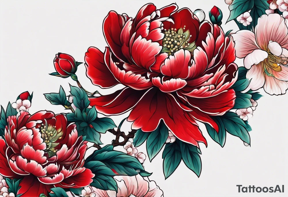 Red peony with dangling pearl necklace and rabbit tattoo idea