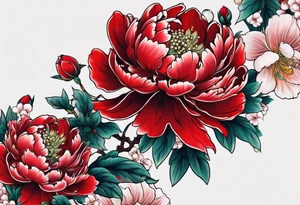 Red peony with dangling pearl necklace and rabbit tattoo idea