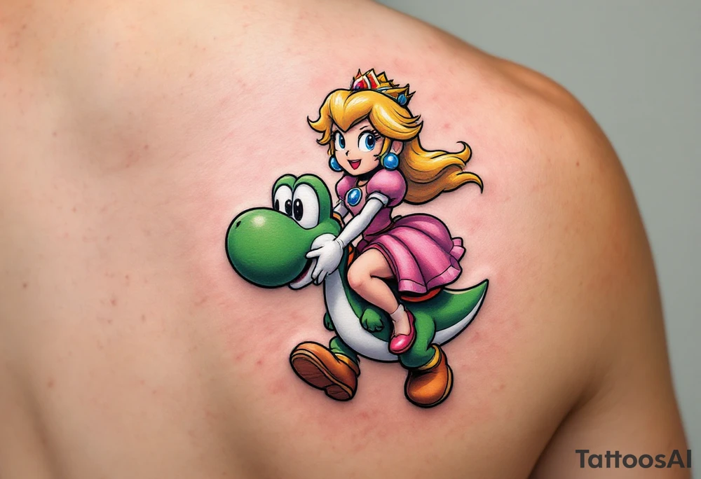 Princess Peach riding Yoshi from Mario Bros with vibrant colors. Make it more like the super Mario bros movie tattoo idea